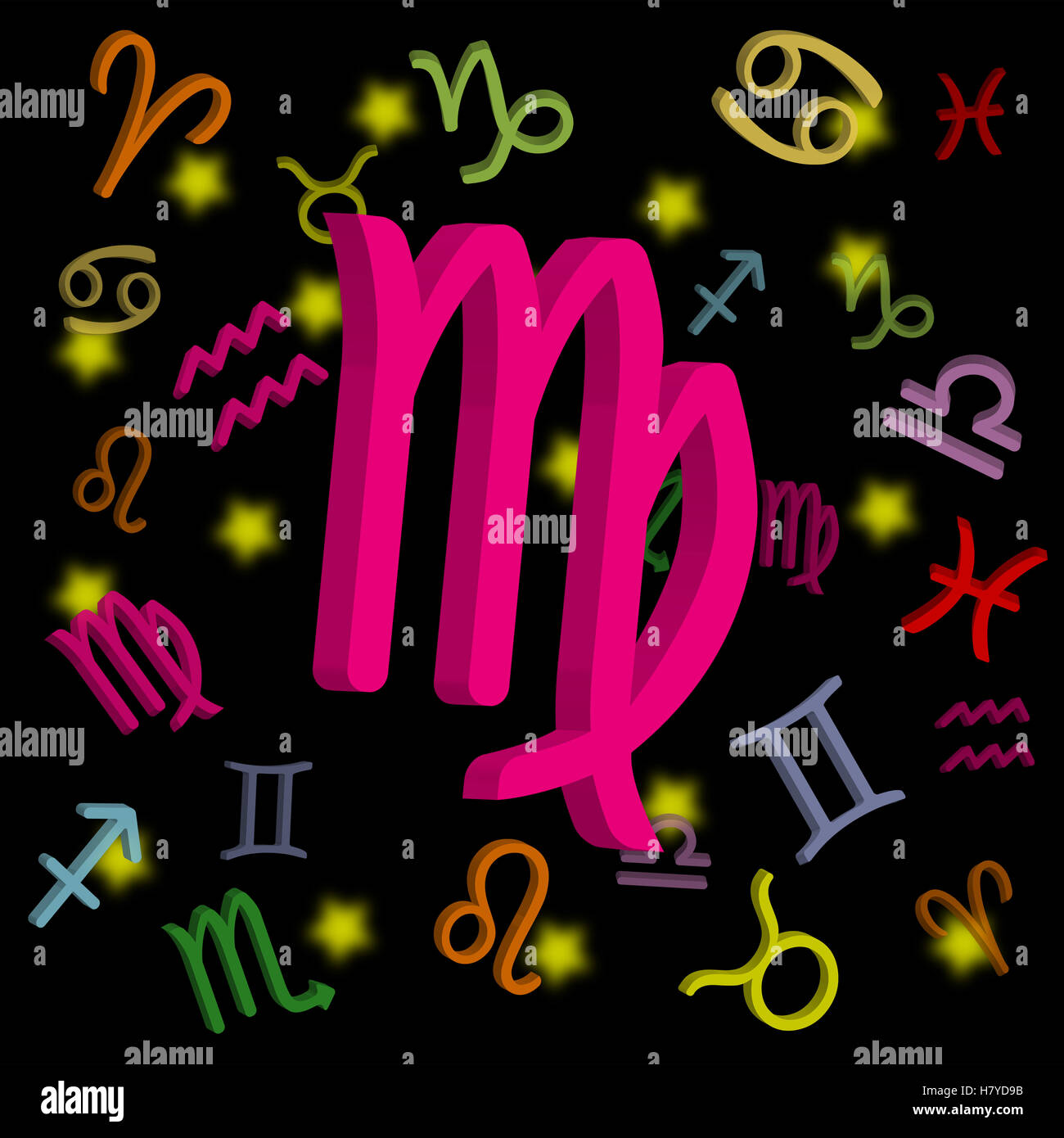 Segno zodiacale Virgo con simboli astrologici su sfondo scuro perfetto per gli amanti dell'astrologia, gli appassionati di oroscopo e gli elementi di design spirituale. Foto Stock