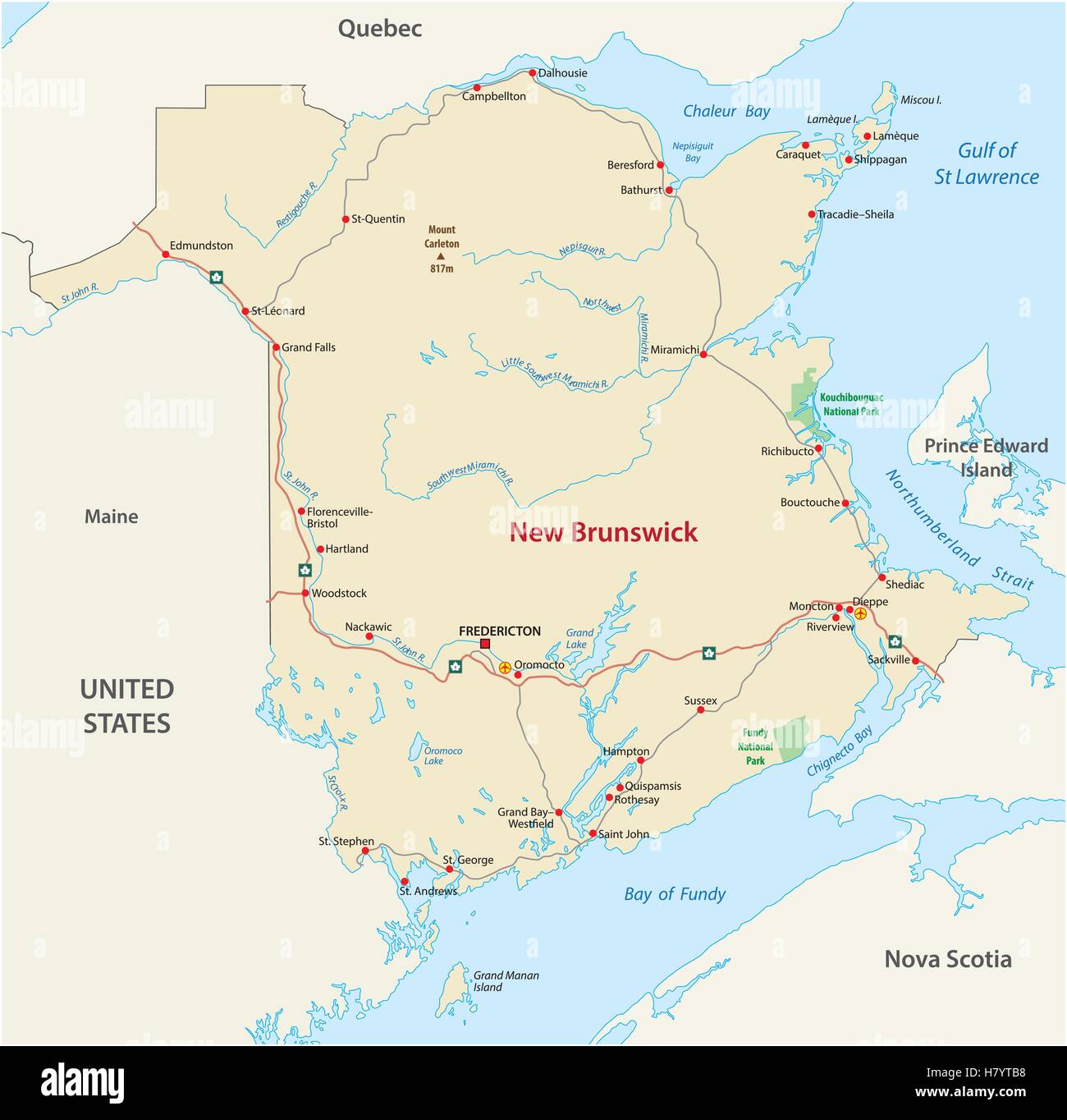 Road map del Canada atlantico provincia New Brunswick Illustrazione Vettoriale
