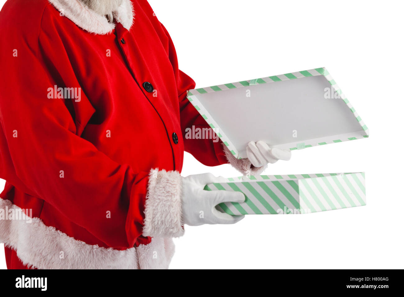 Santa Claus apertura di una confezione regalo Foto Stock