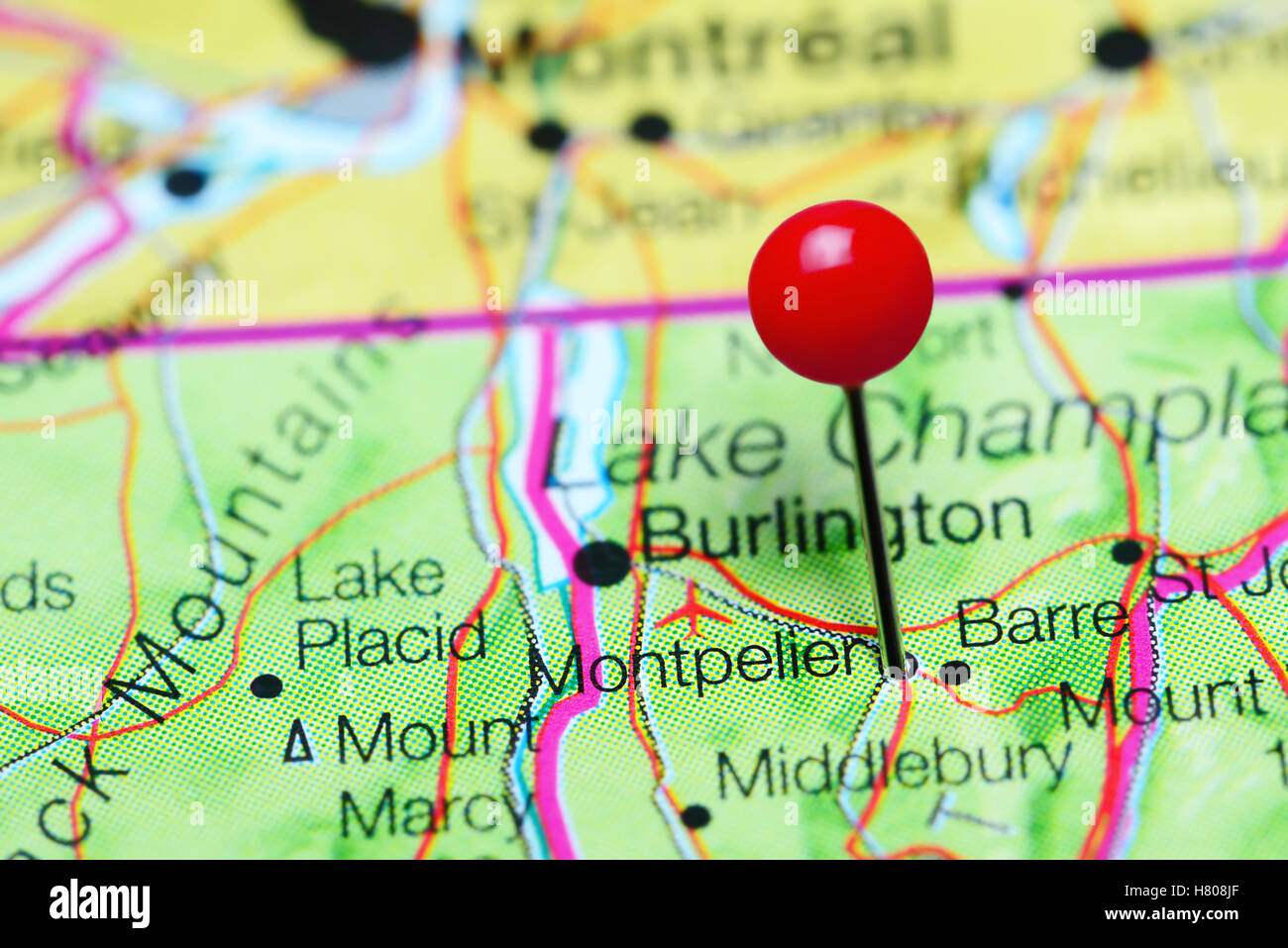 Montpelier imperniata su una mappa del Vermont, USA Foto Stock