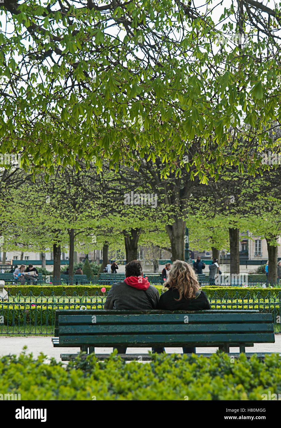 Un giovane seduto su una panchina al Jardin du Palais Royal, Paris, Francia Foto Stock