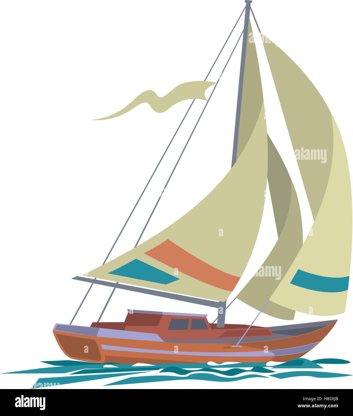 Mare yacht con vele di oliva e acqua Illustrazione Vettoriale