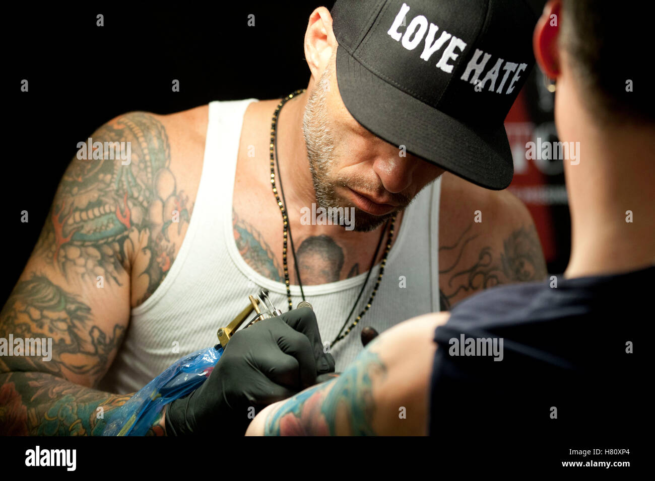 Tattoo Artist Ami James assiste il tattoo convention inchiostro Copenhagen 2013. Foto Stock