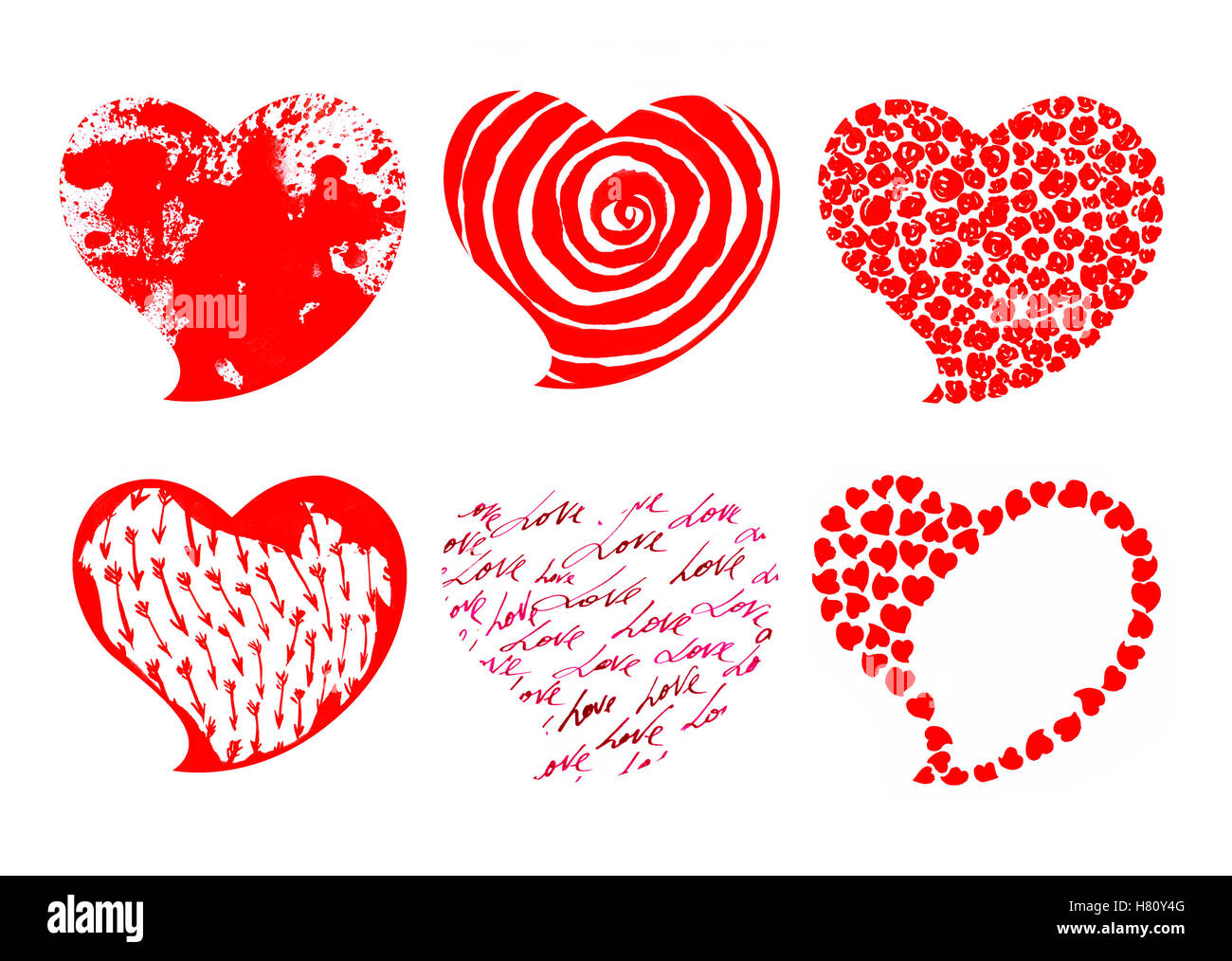 Impostare una collezione di dipinti di rosso cuori. Il giorno di San Valentino acquerello cuore rosso. Foto Stock