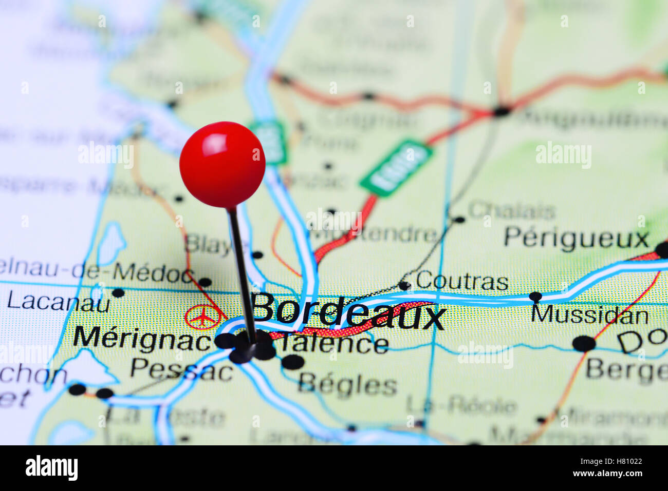 Bordeaux imperniata su una mappa della Francia Foto Stock