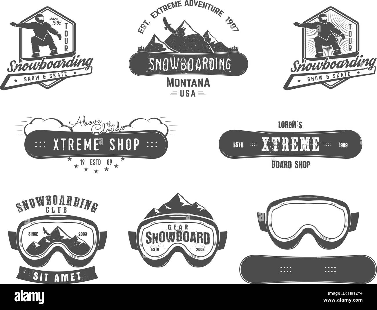 Set di snowboard extreme logo e modelli di etichetta. Inverno Sport  snowboard store badge. Emblema e icona. Avventura in montagna e insegne,  patch. Vector vintage stile monocromatico. Design retrò Immagine e  Vettoriale -