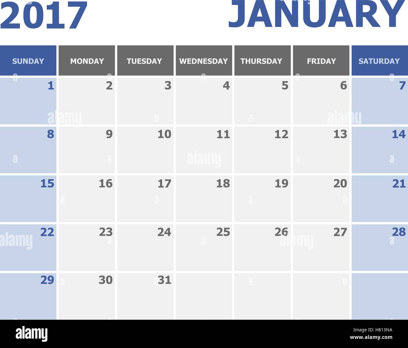 2017 gennaio settimana di calendario inizia Domenica, vettore di stock Illustrazione Vettoriale