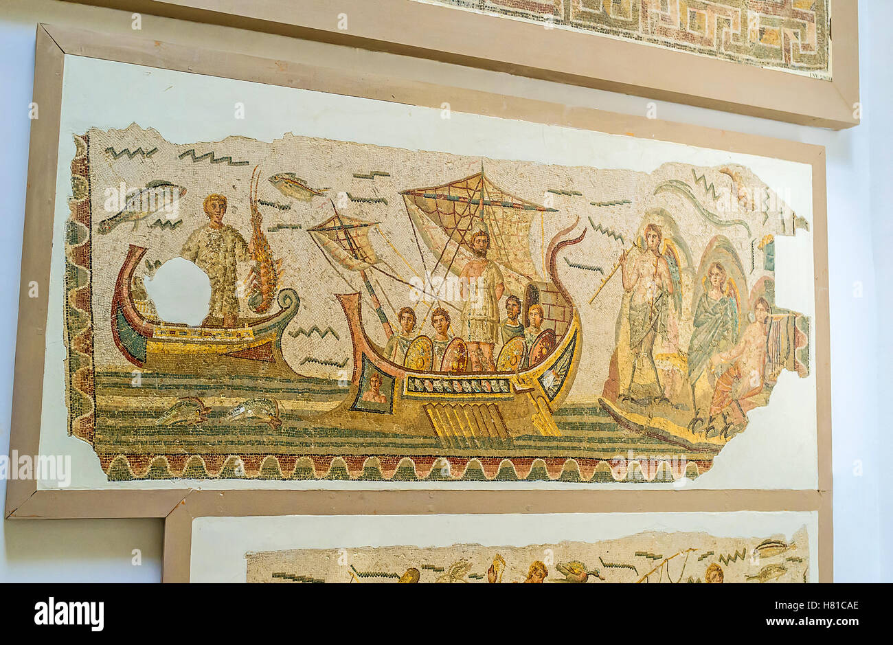 Il mosaico romano Galley, vela in mare, Bardo Museo Nazionale di Tunisi. Foto Stock
