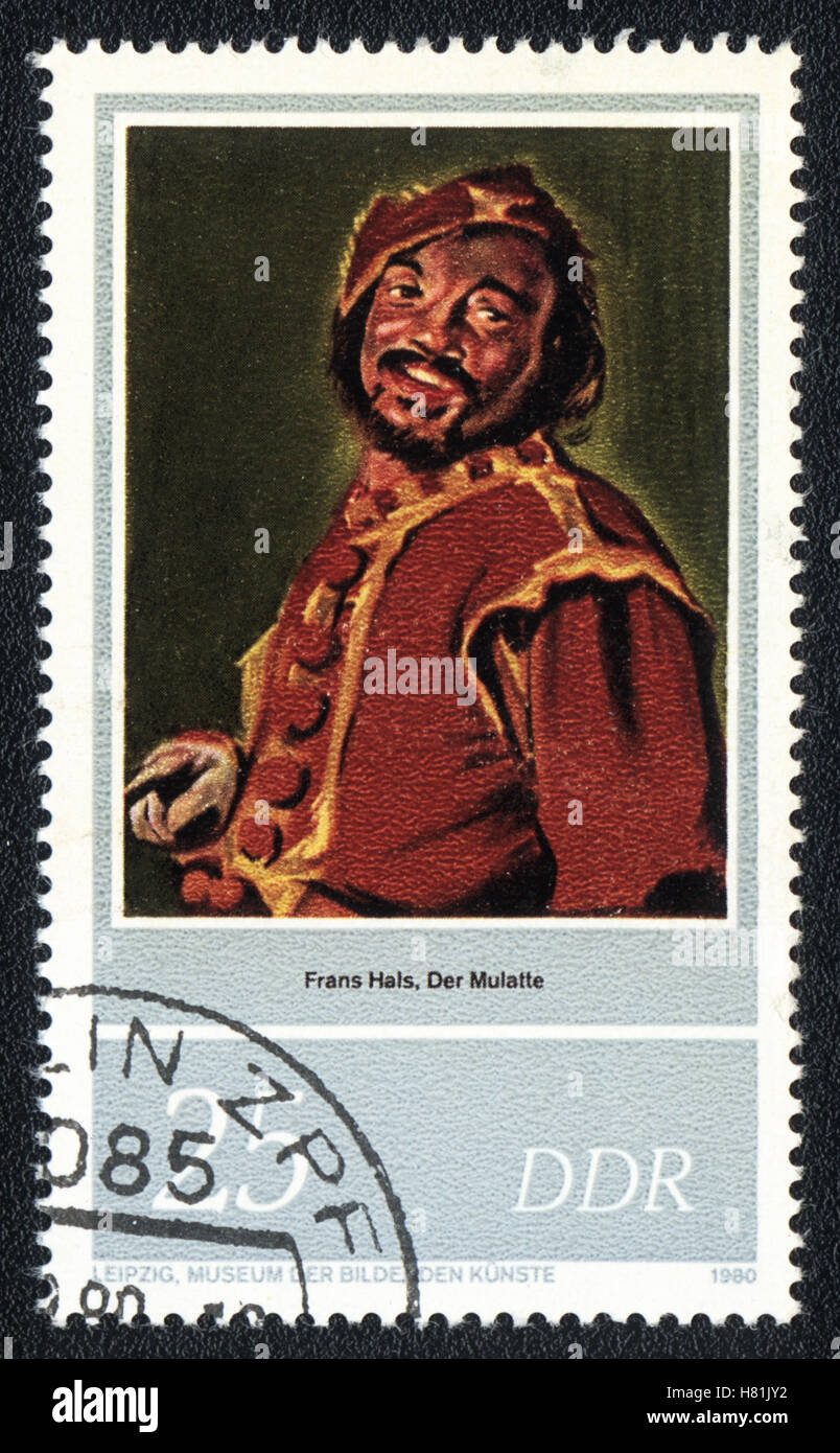 Un francobollo stampato in Germania DDR, mostra Frans Hals " Il Mulatto", 1627, circa 1980 Foto Stock