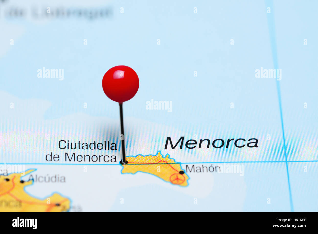 Ciutadella de Menorca imperniata su una mappa della Spagna Foto Stock