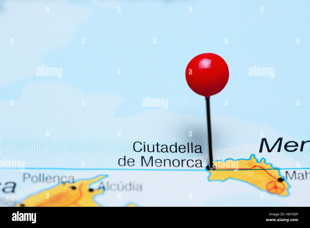 Ciutadella de Menorca imperniata su una mappa della Spagna Foto Stock