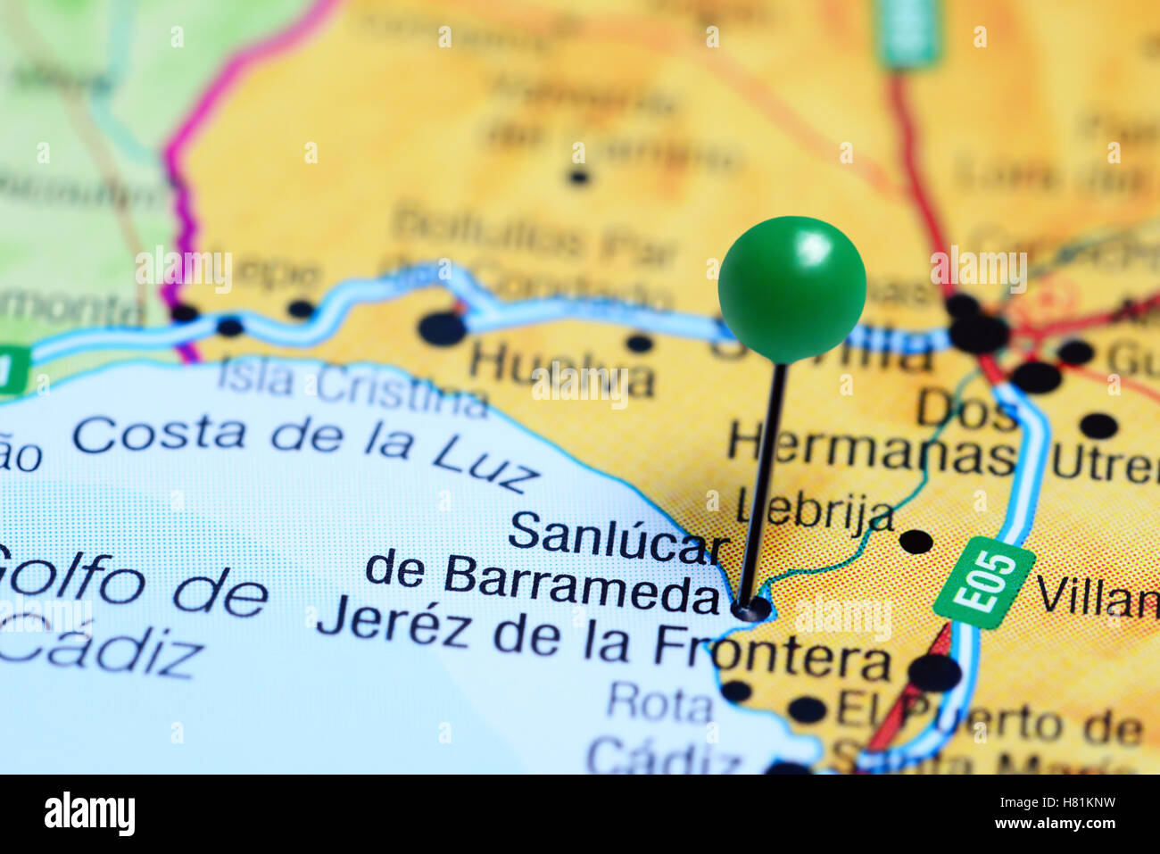 Sanlucar de Barrameda imperniata su una mappa della Spagna Foto Stock