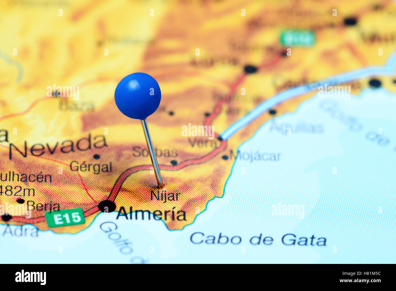 A Nijar imperniata su una mappa della Spagna Foto Stock