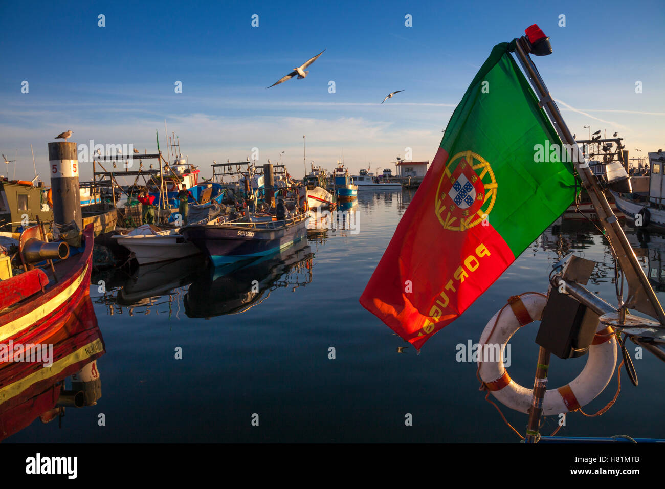 I pescatori e le loro barche al porto di Setubal, Portogallo, Europa Foto Stock