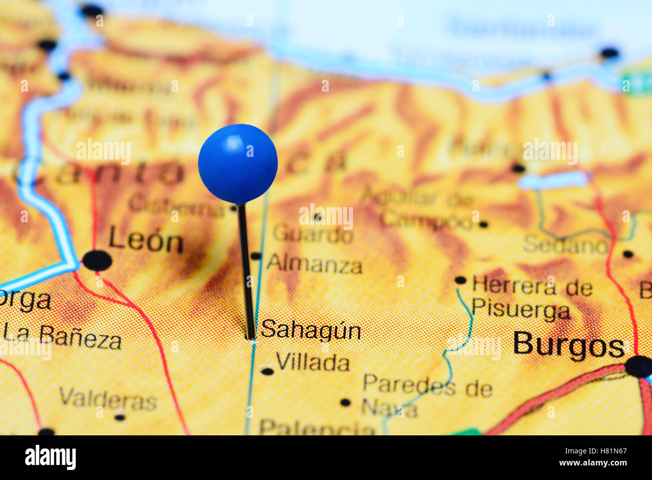 Sahagun imperniata su una mappa della Spagna Foto Stock