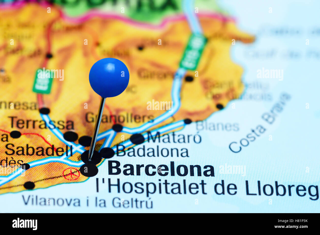 Barcellona imperniata su una mappa della Spagna Foto Stock