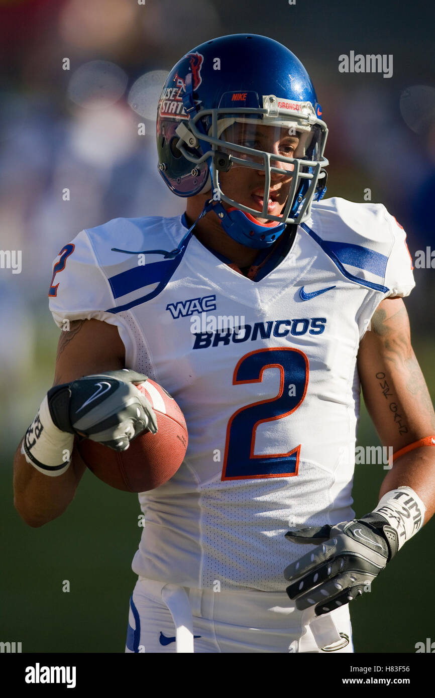 Sett. 18, 2009; Fresno, CA, Stati Uniti d'America; Boise State Broncos wide receiver Austin Pettis (2) prima il Raschino di Fresno membro Bulldogs gioco al Bulldog Stadium. Foto Stock