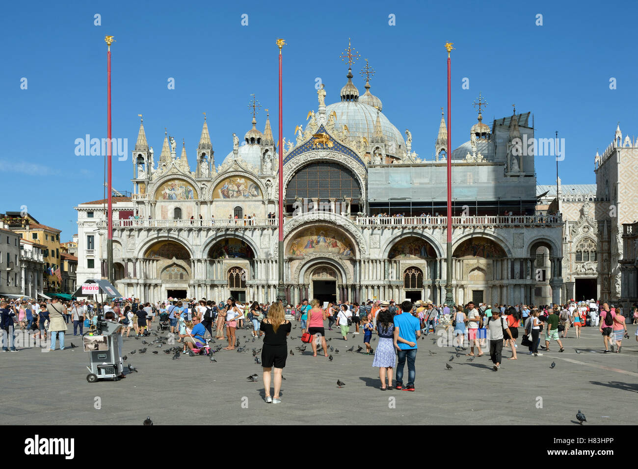 Turisti in Piazza San Marco di fronte alla Basilica di San Marco di Venezia in Italia. Foto Stock