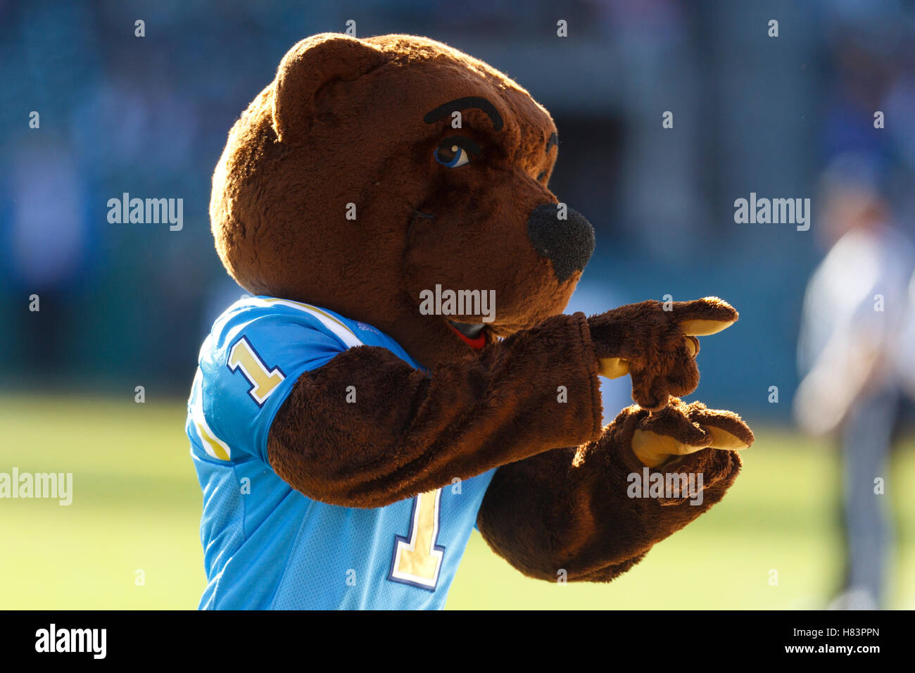 Dic 31, 2011; San Francisco CA, Stati Uniti d'America; la UCLA Bruins mascotte esegue sugli spalti contro l'Illinois Fighting Illini durante il primo trimestre di AT&T Park. Illinois sconfitto UCLA 20-14. Foto Stock