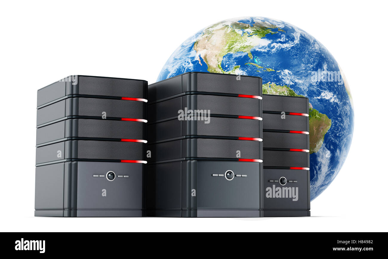Calcolatore nero casi di fronte al modello di terra. 3D'illustrazione. Foto Stock
