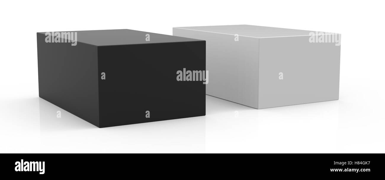 Una casella bianca e una scatola nera modello confezionamento, rendering 3D sfondo bianco Foto Stock