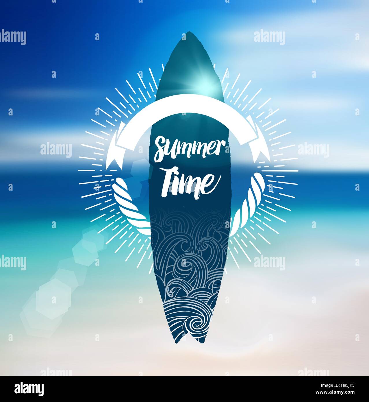 Orario estivo Design con tavola da surf e Spiaggia di sfocatura dello sfondo. Illustrazione Vettoriale