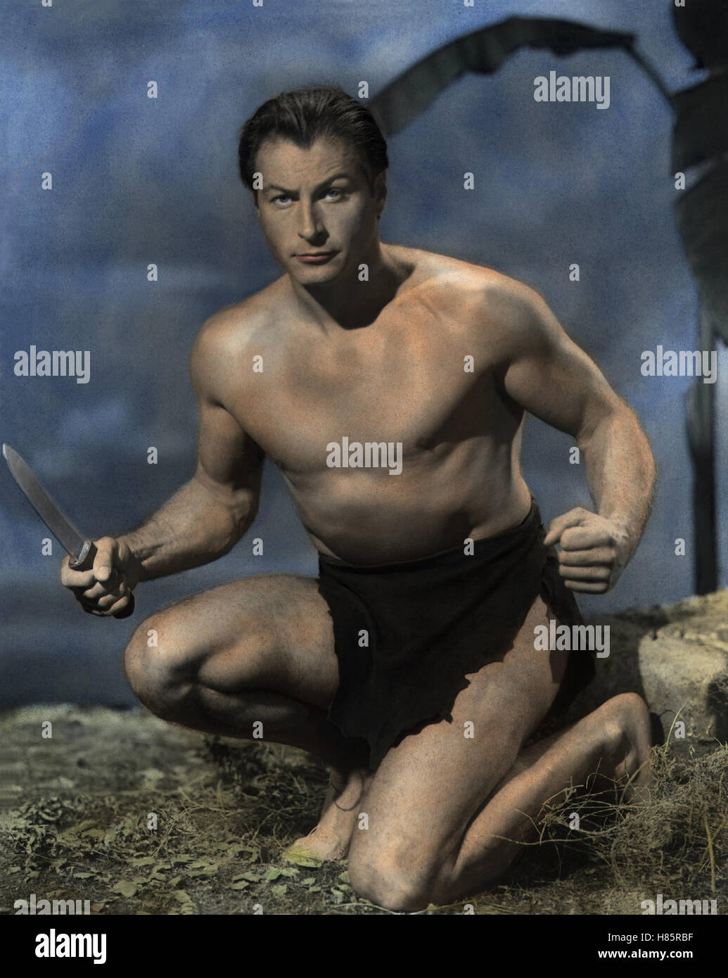 Tarzan, der Verteidiger des Urwalds, (TARZAN'S SAVAGE FURY) USA 1951 s/w, Regie: Cyril Endfield, LEX BARKER, Stichwort: Messer, Dolch, Muskelmann, Lendenschurz Foto Stock