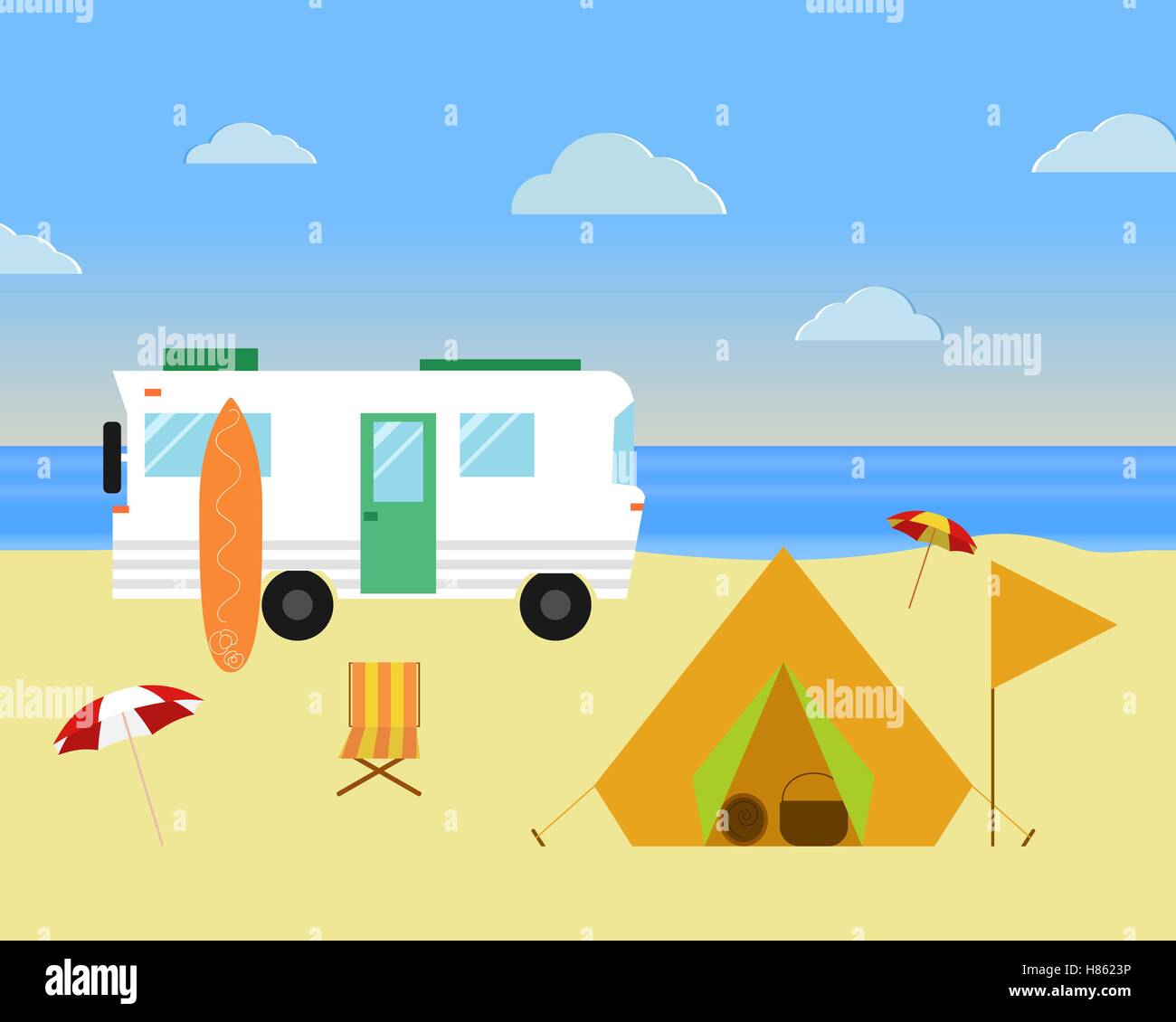 Vintage camping concetto. Retrò roulotte, camper, rv sulla spiaggia, vacanze estive e vacanze. Design piatto. Illustrazione Vettoriale. Illustrazione Vettoriale