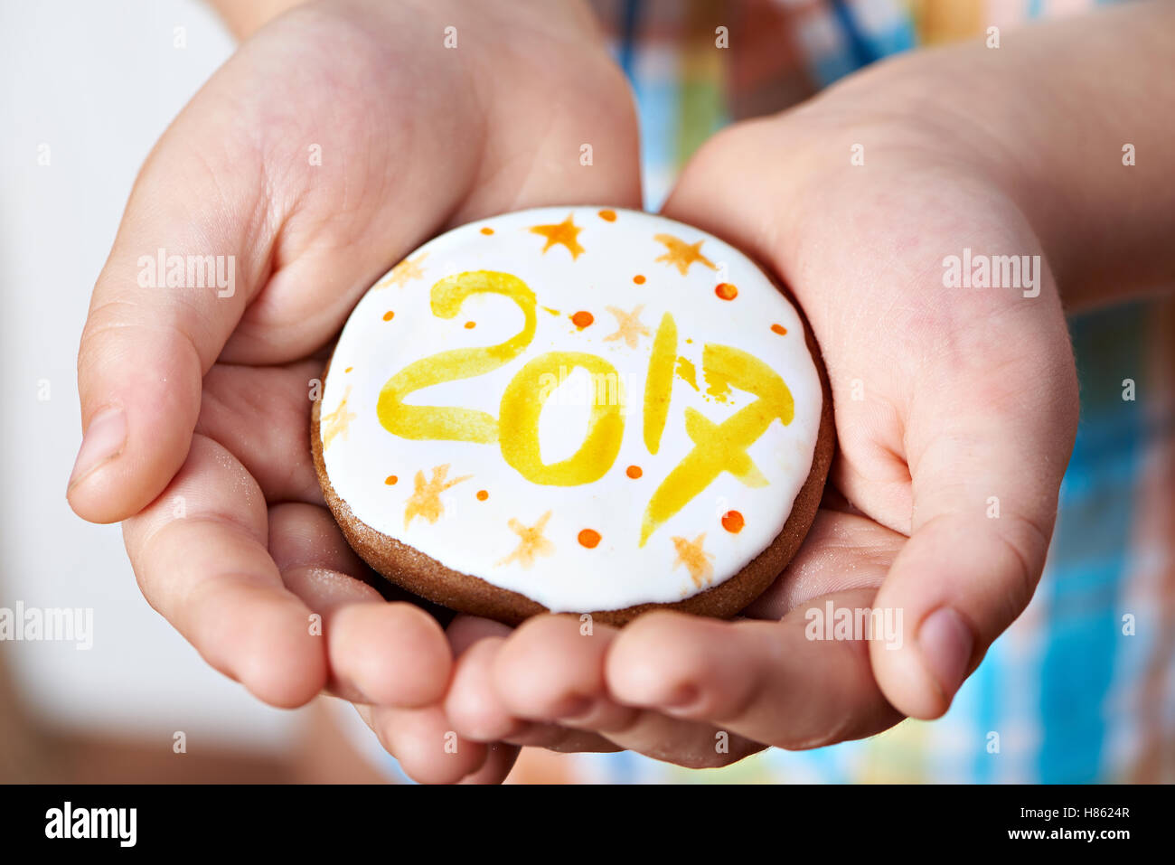Biscotti di Natale con la glassa e il numero 2017 in le palme delle mani del bambino Foto Stock