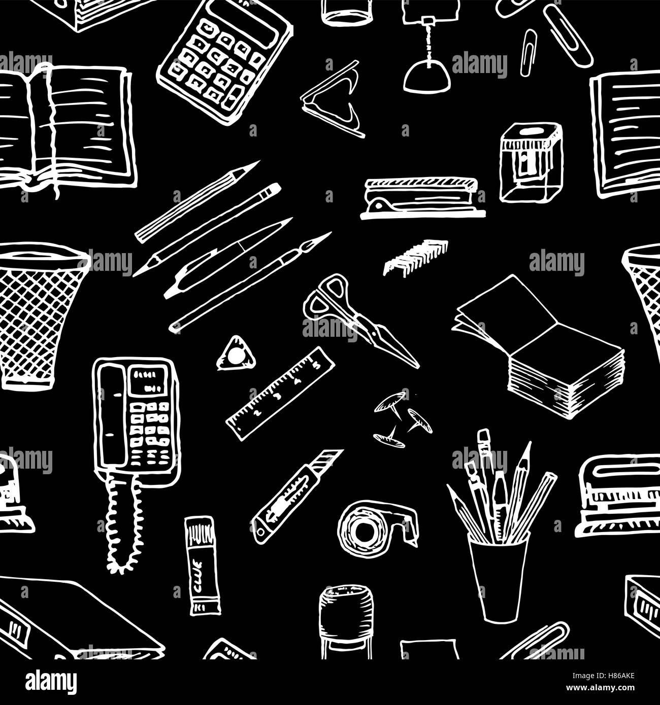 Nero e sfondo bianco - articoli di cancelleria. In bianco e nero. Illustrazione Vettoriale