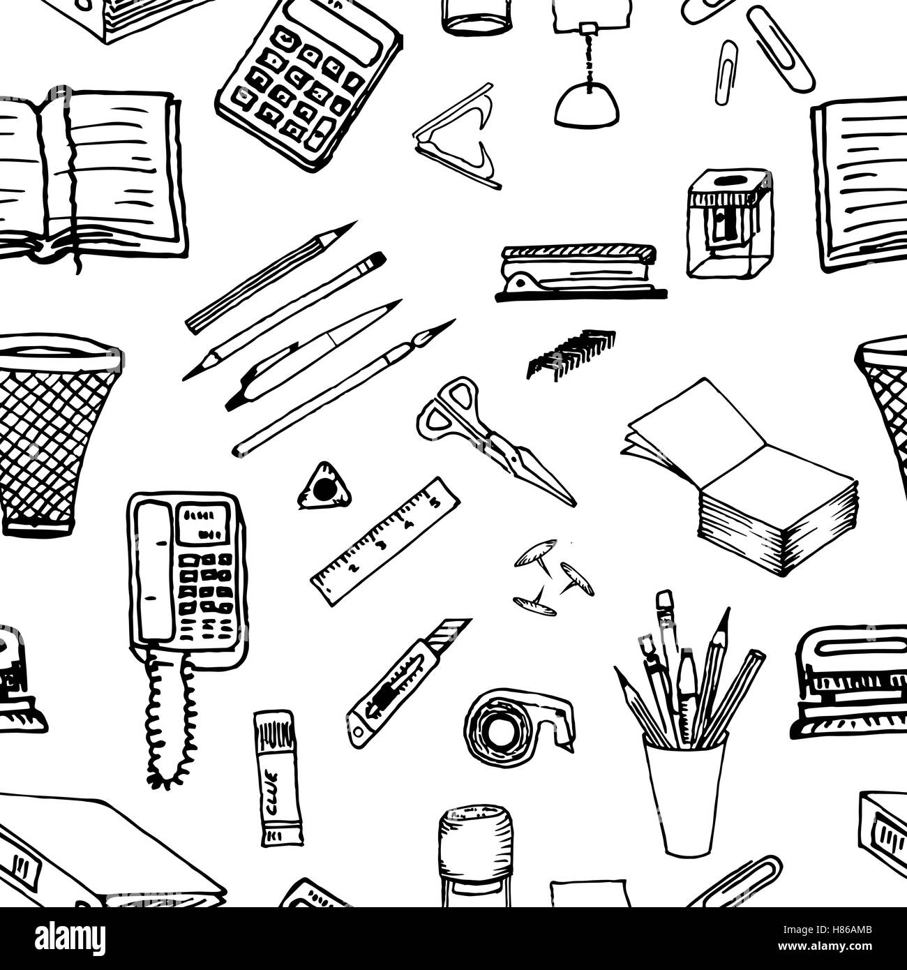 Nero e sfondo bianco - articoli di cancelleria. In bianco e nero. Illustrazione Vettoriale