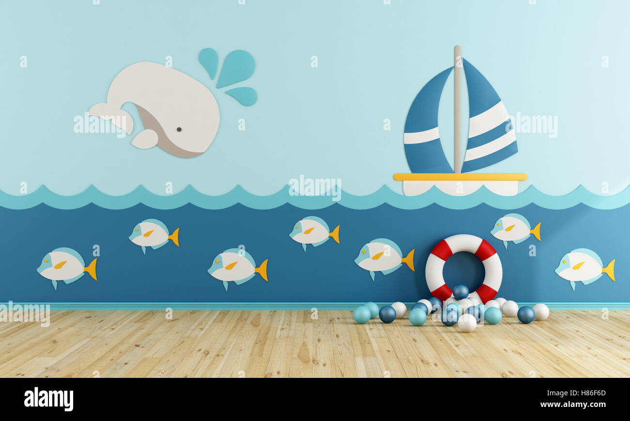 Sala giochi in stile marina senza mobili - 3d rendering Foto Stock
