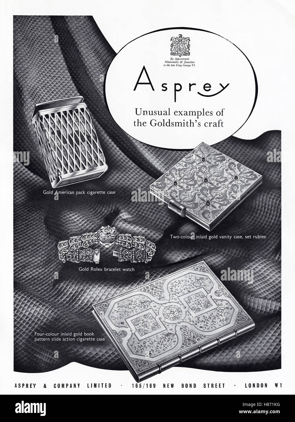 Anni Cinquanta pubblicità pubblicità dal vecchio originale vintage rivista inglese datato 1953 pubblicità per Asprey Goldsmith's di Londra dal Royal appuntamento Foto Stock