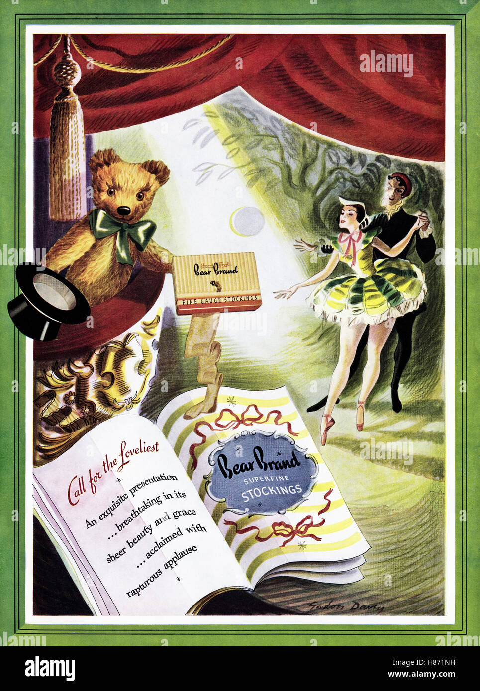 Anni Cinquanta pubblicità pubblicità dal vecchio originale vintage rivista inglese datato 1953 pubblicità per recare il marchio calze superfine Foto Stock