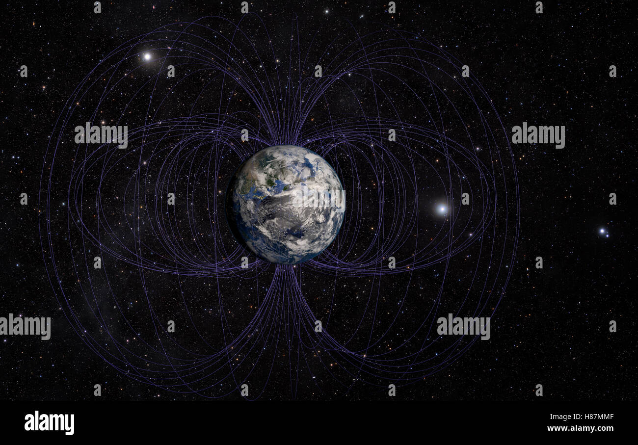 3D rendering del pianeta del campo magnetico terrestre. Foto Stock