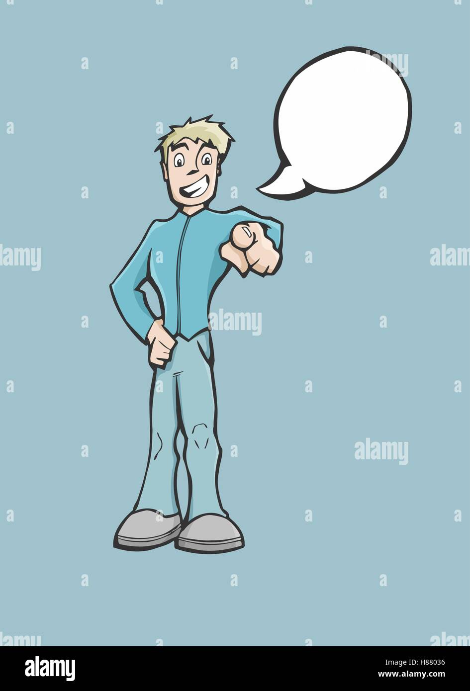 Illustrazione vettoriale di un uomo felice di parlare e di dispositivo di puntamento con discorso bolla e copia spazio su uno sfondo blu Illustrazione Vettoriale
