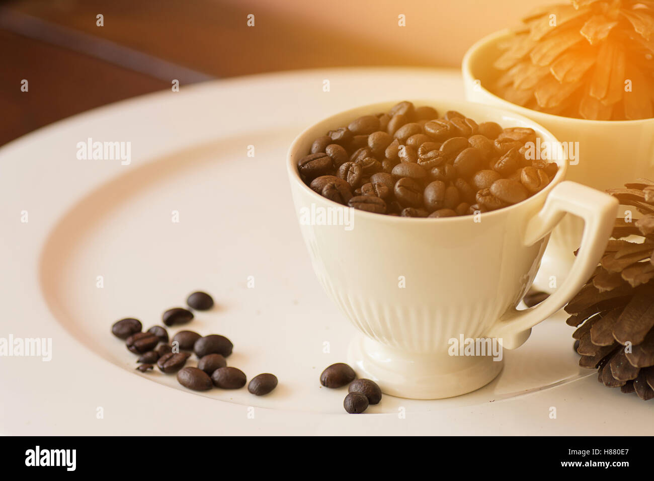 I chicchi di caffè in tazza sulla piastra bianca a caldo con effetto di luce , vintage stile,fuoco selettivo. Foto Stock