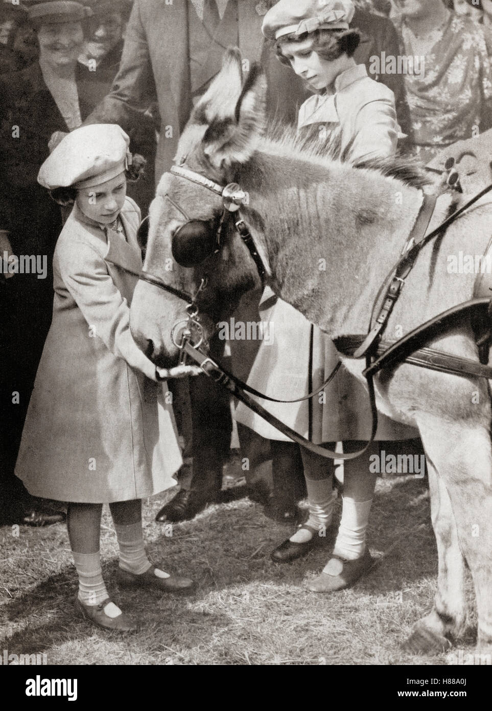 Principessa Margherita, a sinistra, e principessa Elisabetta, futura regina Elisabetta II, a destra, al Royal Agricultural Show nel 1939. Principessa Margaret, Margaret Rose, 1930 – 2002, nota anche come principessa Margaret Rose. Figlia minore del re Giorgio VI e della regina Elisabetta. Principessa Elisabetta, futuro Elisabetta II, 1926 - 2022. Regina del Regno Unito, Canada, Australia e Nuova Zelanda. Da una fotografia. Foto Stock