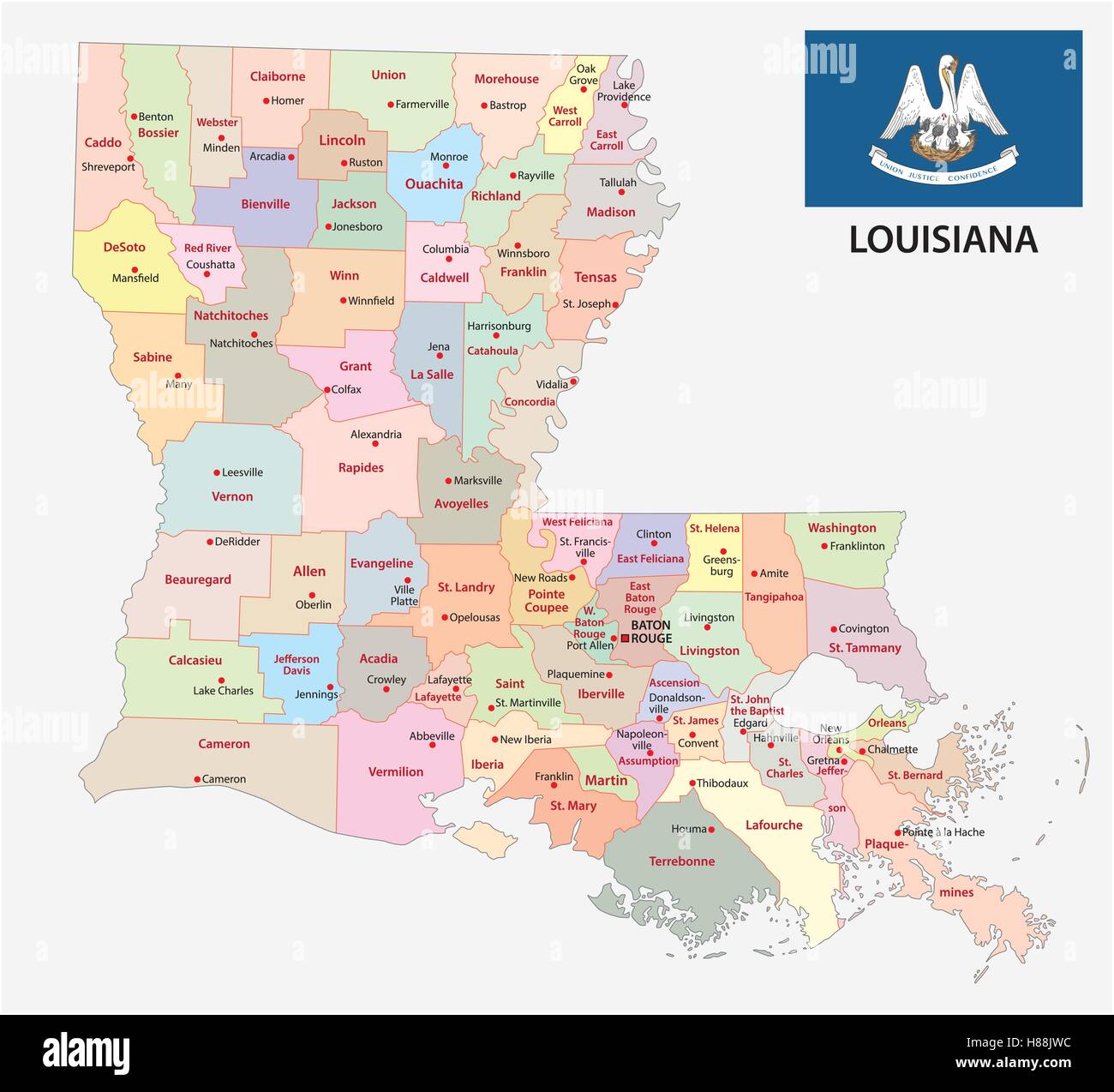 Louisiana politica e amministrativa di mappa con bandiera Illustrazione Vettoriale