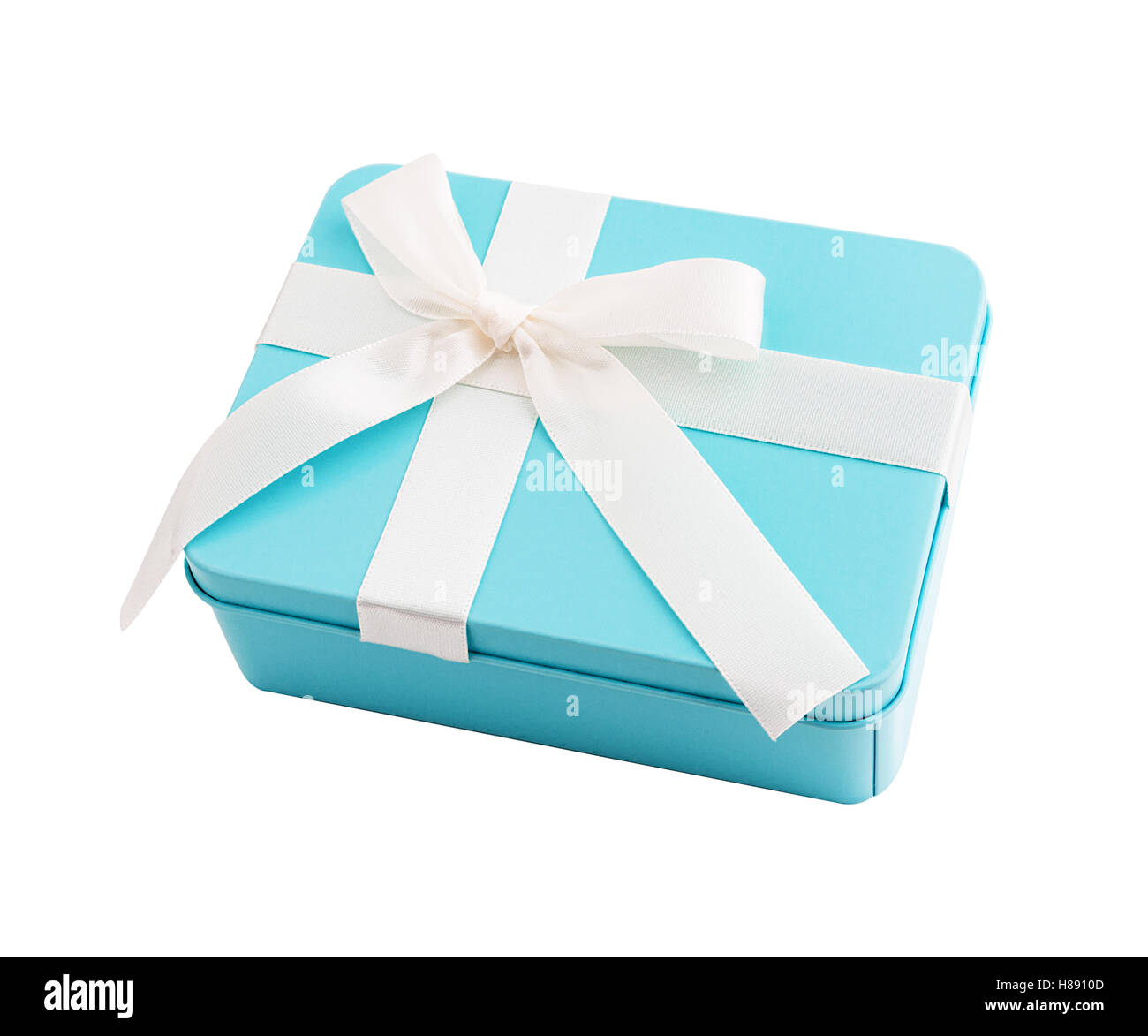 Rettangolare in metallo scatola regalo con fiocco viola isolato su bianco Foto Stock
