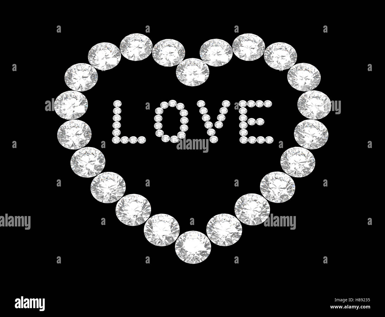 Cuore di diamanti con la parola amore, 3D rendering su nero Foto Stock