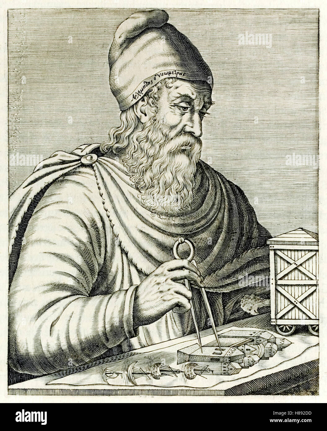 Archimede di Siracusa (287-212BC) Greco antico matematico, fisico, ingegnere, inventore e astronomo dal "vero ritratti…" da André Thévet pubblicato nel 1584. Vedere la descrizione per maggiori informazioni. Foto Stock