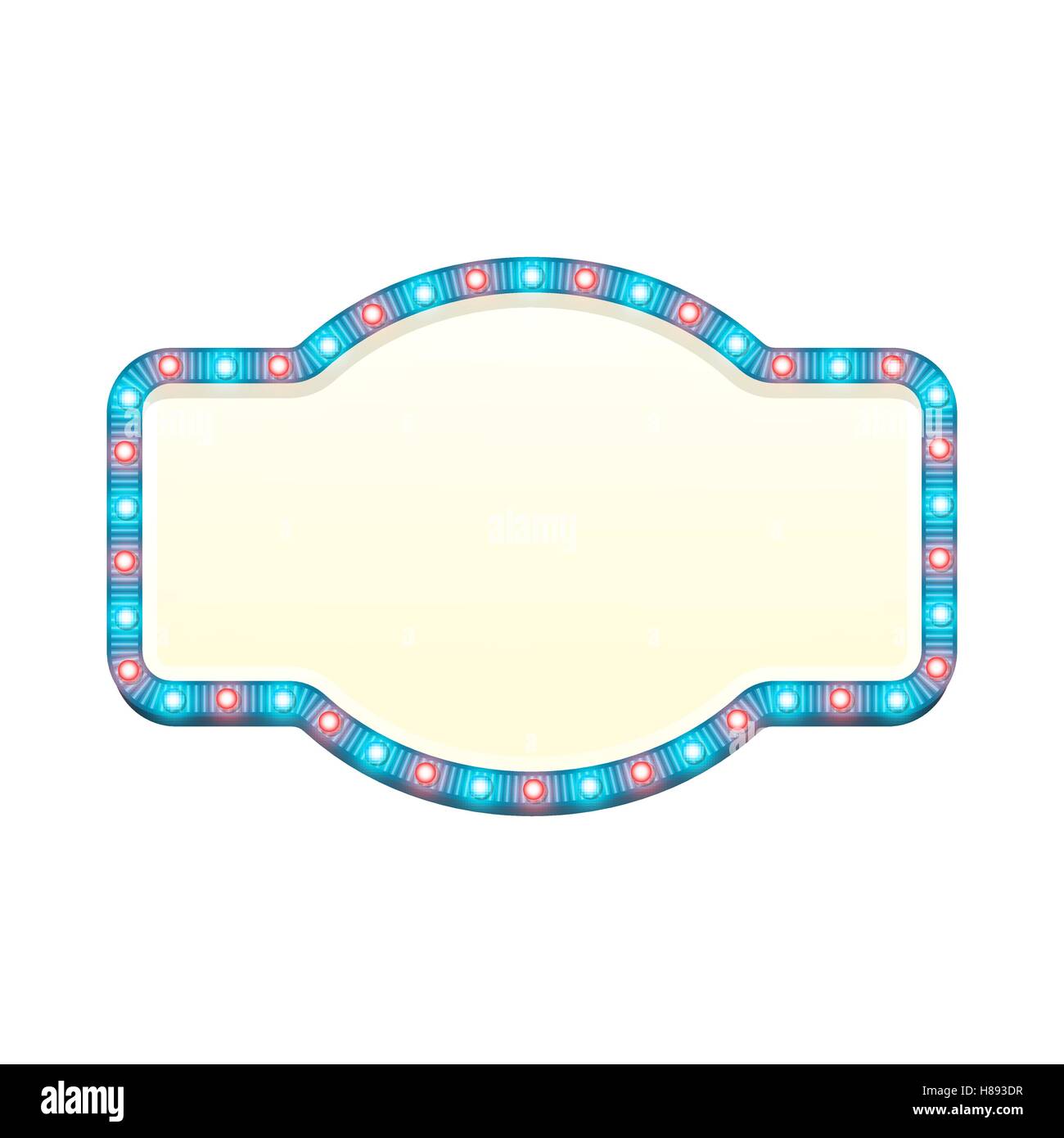 Fustellato 3d luce retrò banner con lampadine splendente. Cartello blu con blu e luci rosse e uno spazio vuoto per il testo. Vintage strada segno Illustrazione Vettoriale