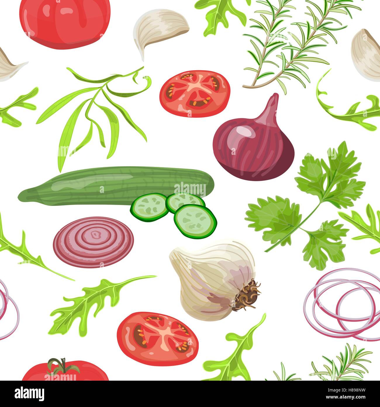 Modello senza giunture erbe e verdure. Pomodoro, cetriolo, cipolla, aglio, prezzemolo foglie di rucola illustrazione vettoriale Illustrazione Vettoriale