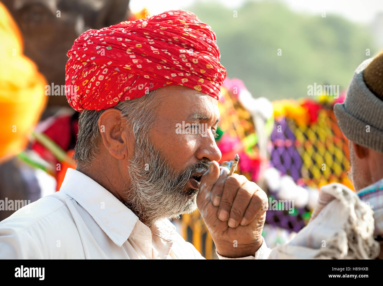 Ritratto di un fumo non identificato di Rajasthani uomo indiano assiste il Pushkar fiera,l'India Foto Stock