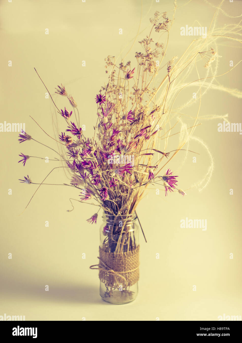 Bouquet di bellissimi fiori viola. Tonica con sot vecchio stile colori seppia. Foto Stock