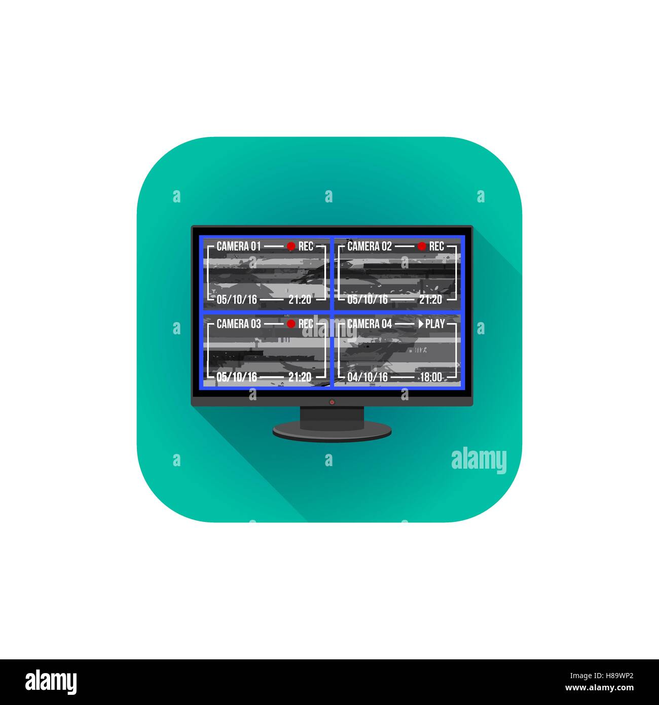 Vettore stile piatto design colorato di telecamere di sorveglianza monitor di sicurezza illustrazione turchese quadrato arrotondato icona whit isolato Illustrazione Vettoriale