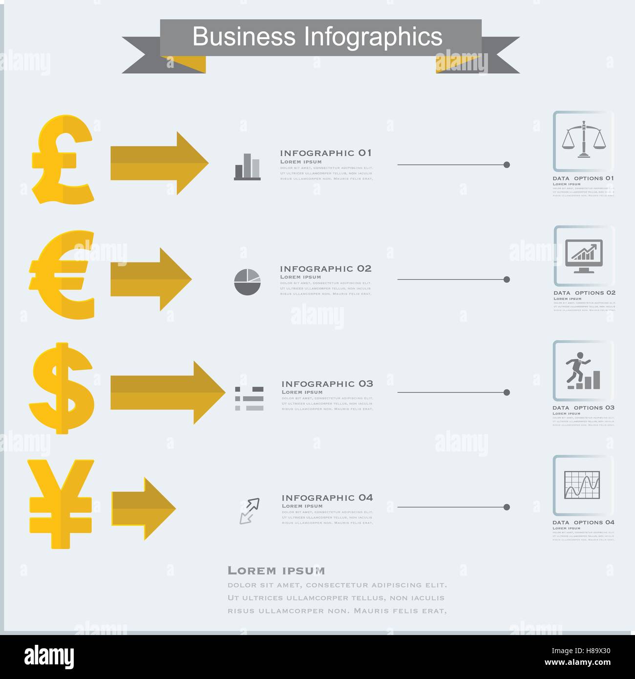 Finanza, denaro infographics. Simboli di valuta- dollaro, euro, sterlina e yen. Illustrazione Vettoriale