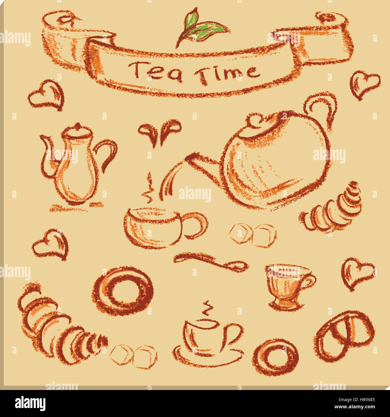 Tea time , bella disegnati a mano, Illustrazione Vettore. Illustrazione Vettoriale