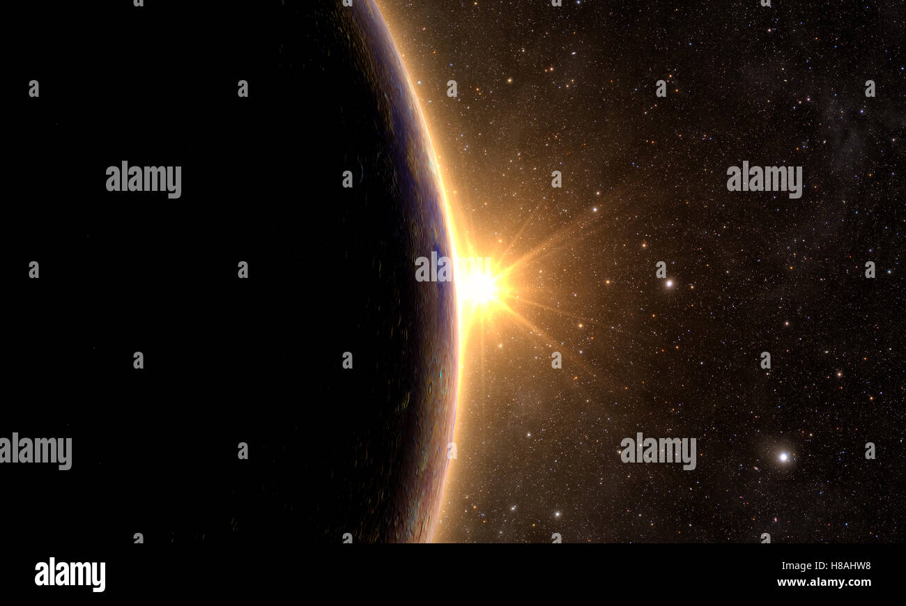 Pianeta mercurio con sunrise sullo sfondo spazio, 3d rendering. Foto Stock